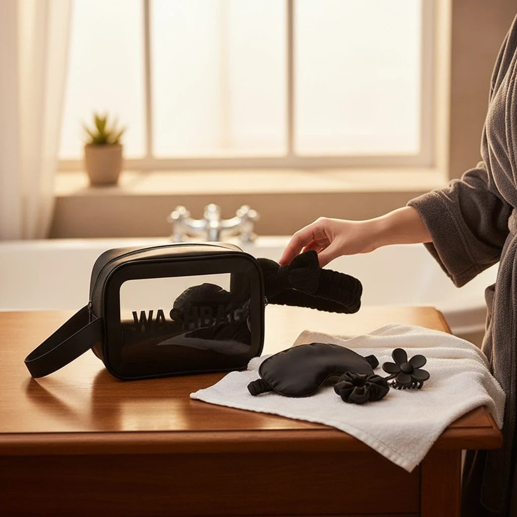 Giftplug 6-piece black beauty travel set including a clear washbag, sleep mask, bow headband, and hair accessories.