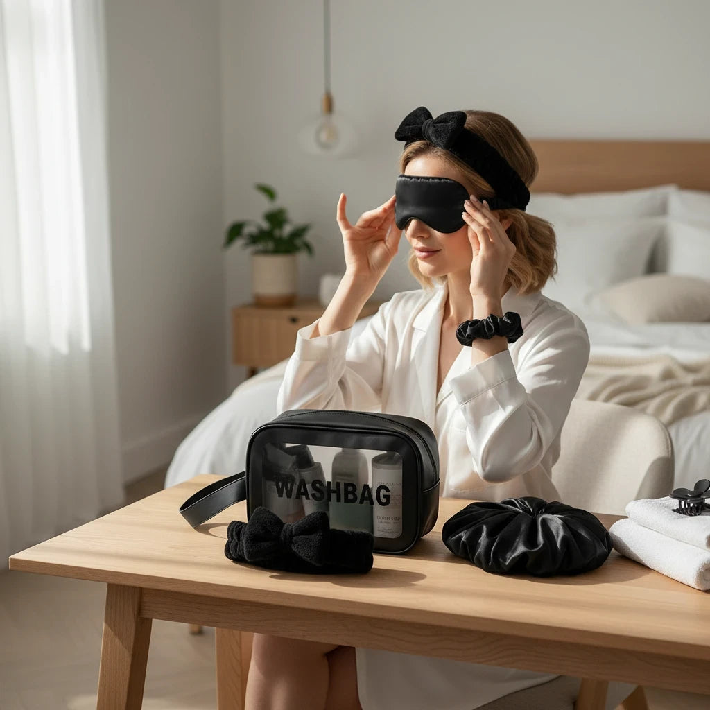 Giftplug 6-piece black beauty travel set with sleep mask, bonnet, bow headband, and transparent washbag on a desk.