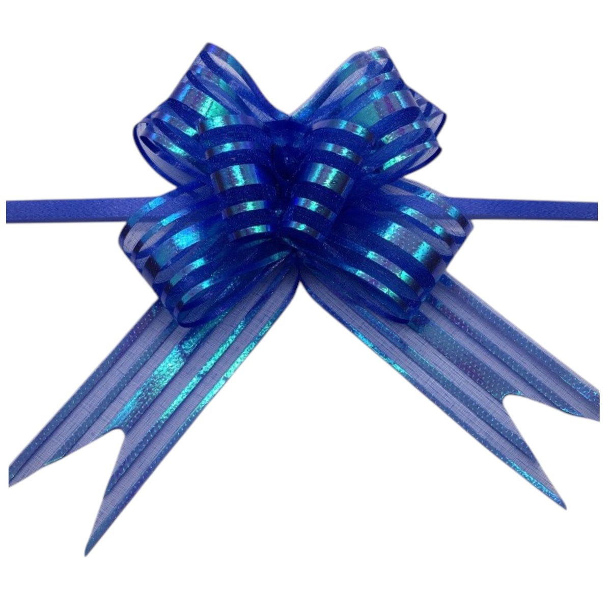 Giftplug vibrant blue iridescent pull bow for gift wrapping with a voluminous, symmetrical design.