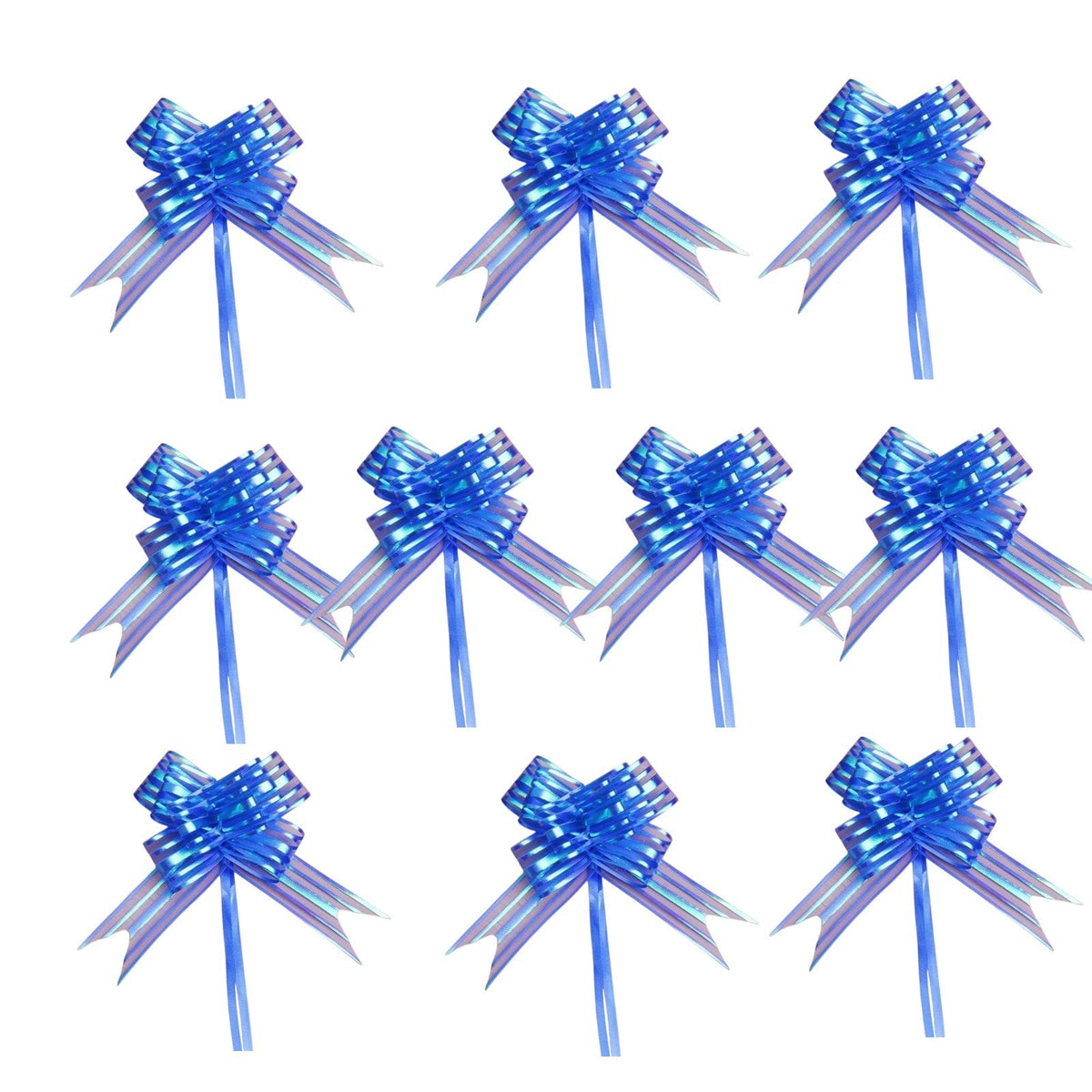 Giftplug set of vibrant blue iridescent pull bows for elegant gift wrapping and decorative party favors.