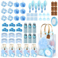 Giftplug 8-piece light blue spa gift set with hair accessories, bath sponge, makeup brushes, and thank-you tags.