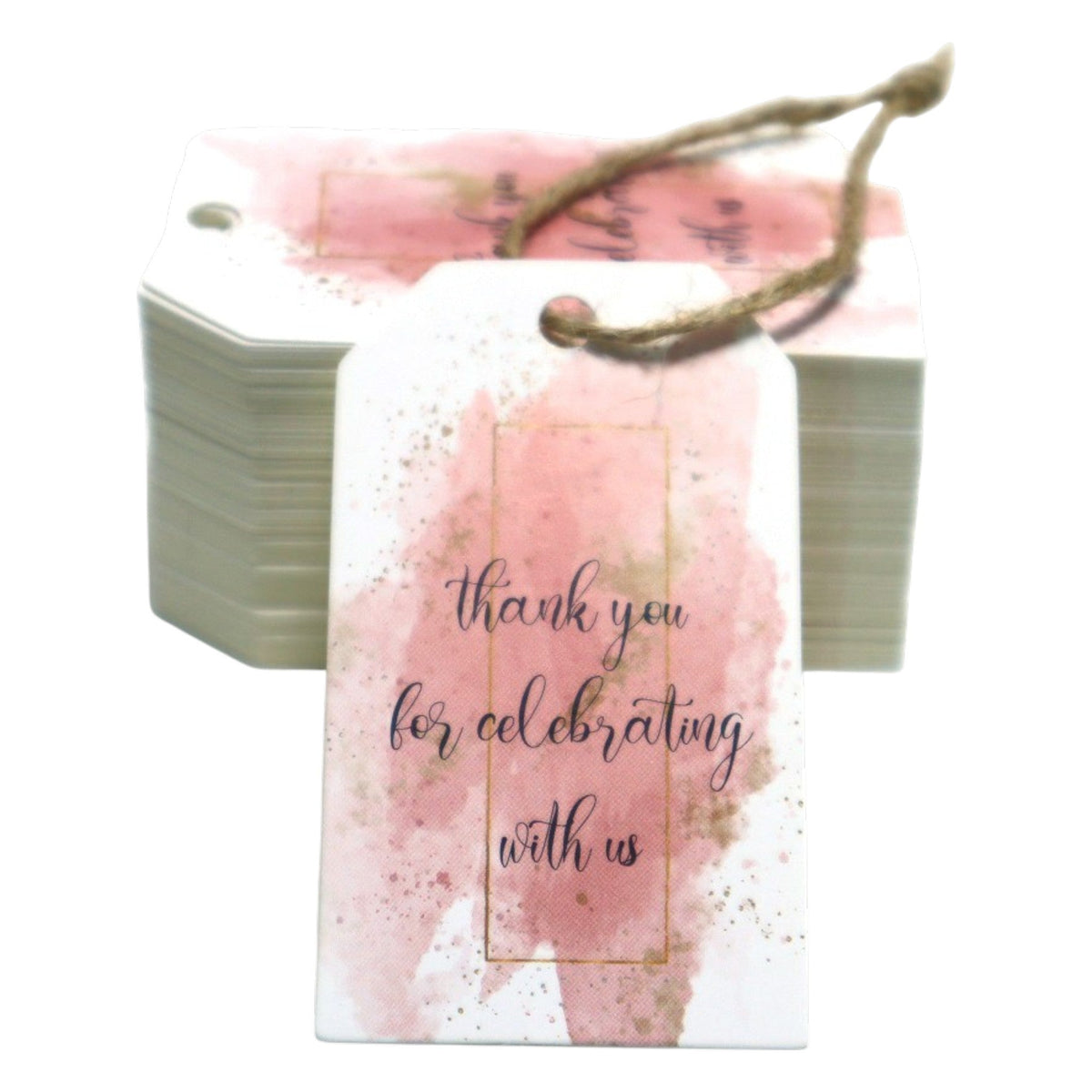 Giftplug blush pink watercolor thank you favor tags with gold foil accents and rustic jute twine for event gifts.