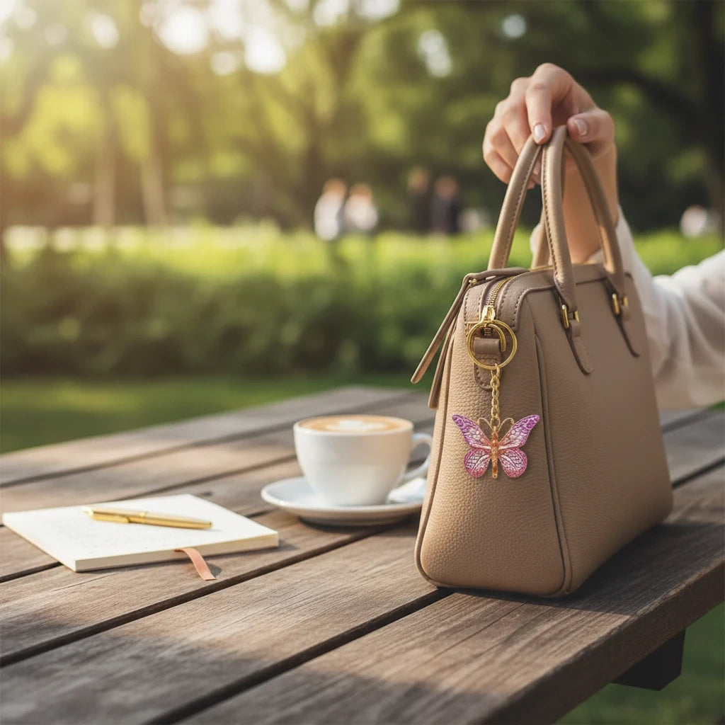 Giftplug butterfly keychain with pink and purple textured wings hanging from a beige leather handbag on a wooden table