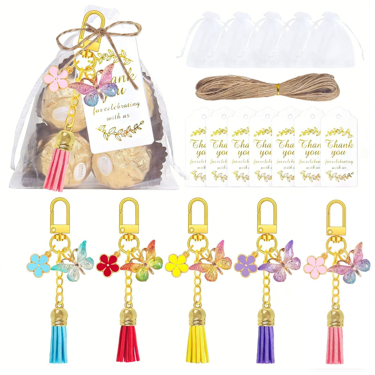Giftplug butterfly keychain party favor kit with colorful enamel charms, tassels, organza bags, and thank you tags.