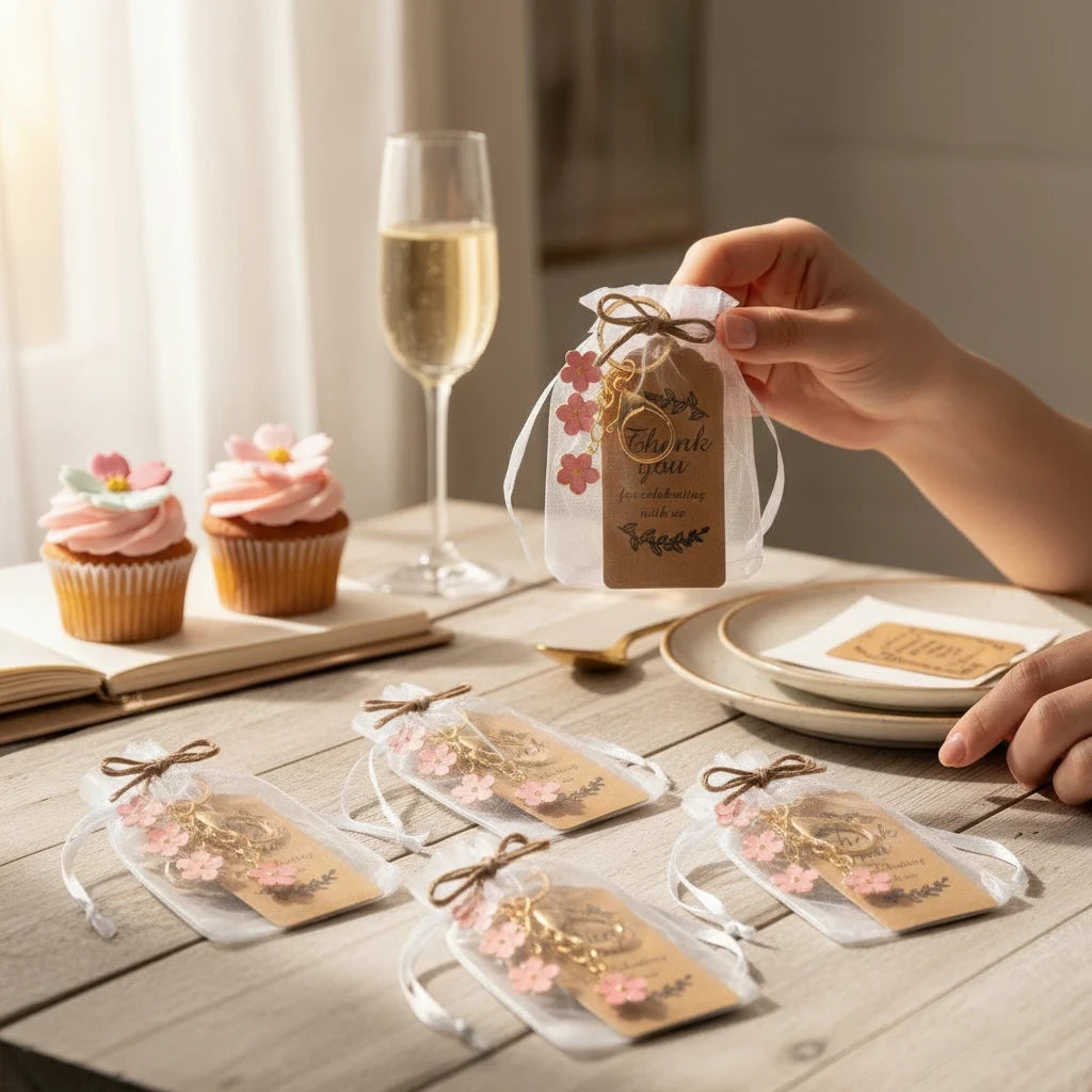 Giftplug cherry blossom keychain party favors in organza bags with thank you tags on a table with cupcakes