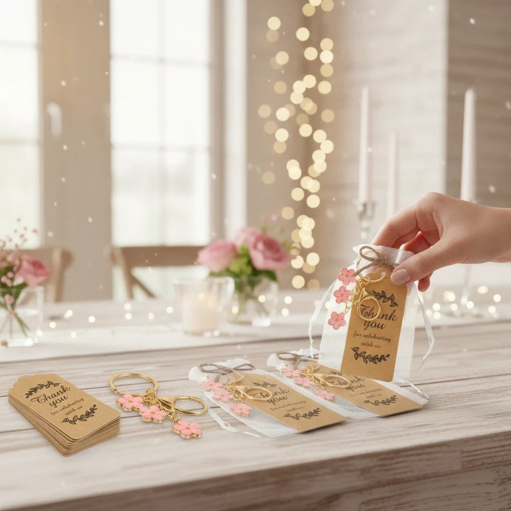 Giftplug cherry blossom keychains with pink enamel petals and gold finish, including organza bags and thank you tags.