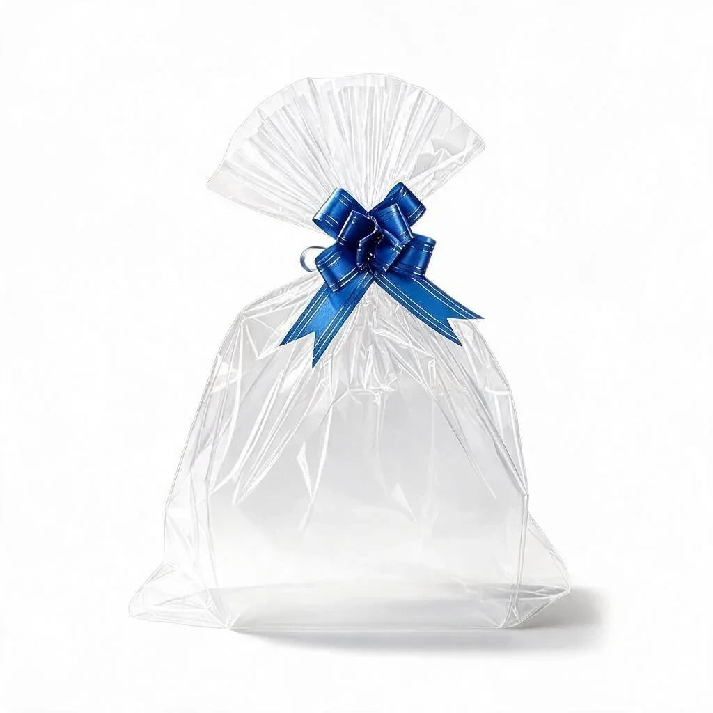 Giftplug clear cellophane gift bag featuring a vibrant blue decorative bow for elegant gift wrapping.