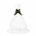Giftplug clear cellophane gift bag with a decorative black and gold striped bow for elegant gift presentation.