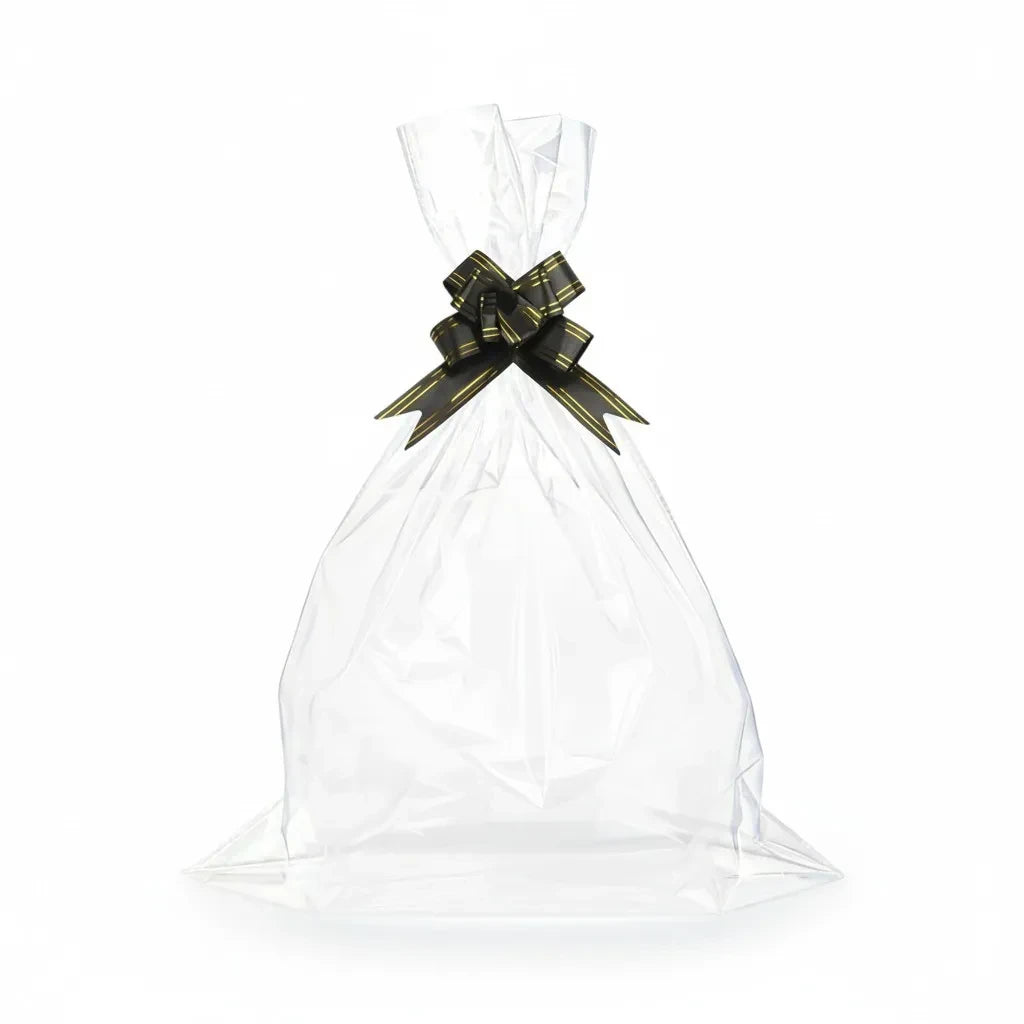 Giftplug clear cellophane gift bag with a decorative black and gold striped bow for elegant gift presentation.