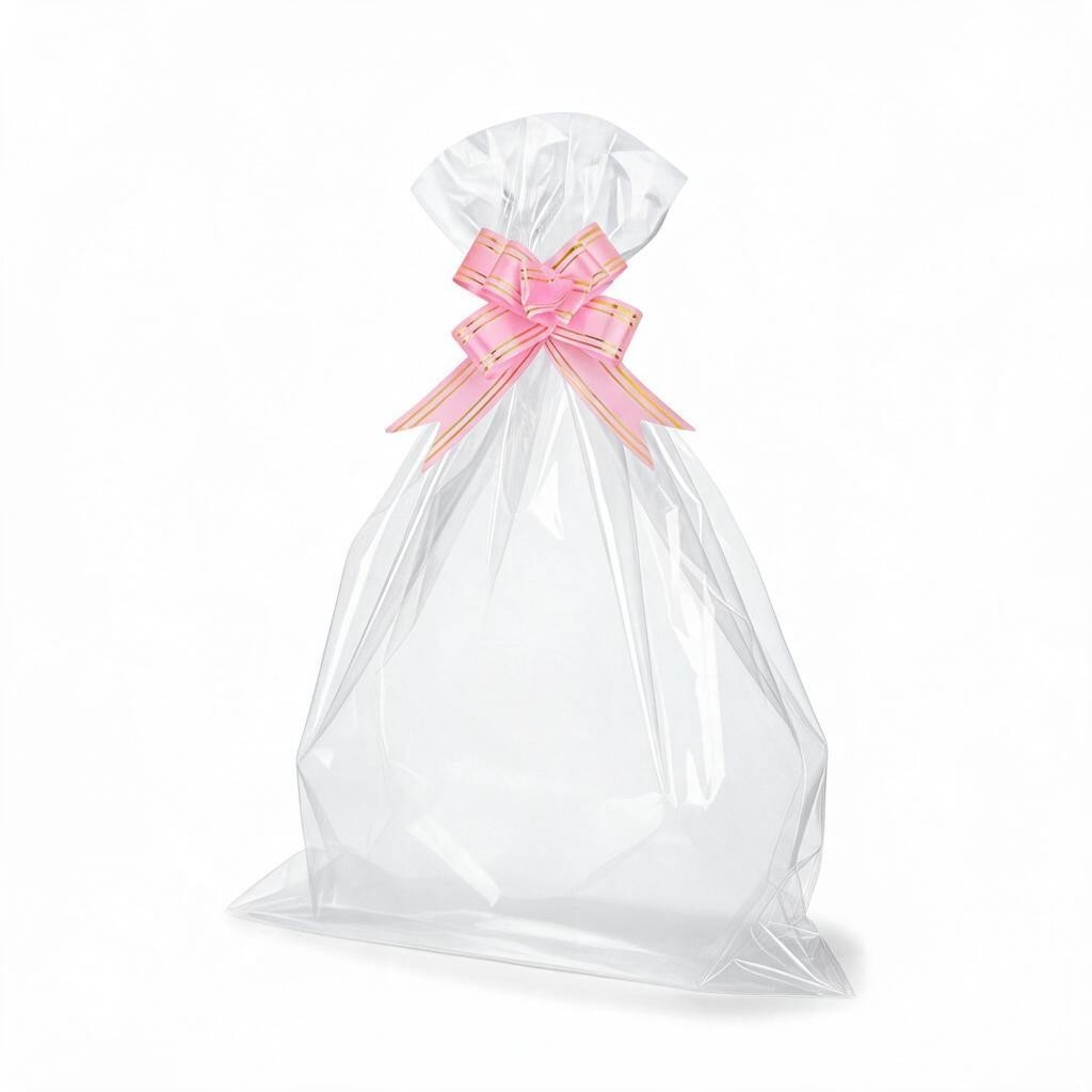 Giftplug clear cellophane gift bag featuring a decorative pink bow with gold-tone accents for elegant gift wrapping.