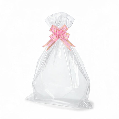 Giftplug clear cellophane gift bag featuring a decorative pink bow with gold-tone accents for elegant gift wrapping.