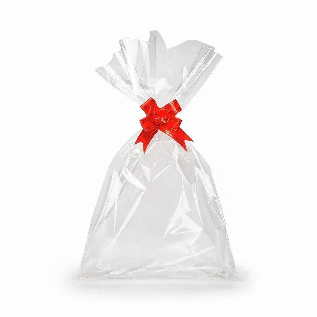 Giftplug clear cellophane gift bag with a vibrant red bow for party favors and gourmet treats