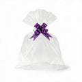 Giftplug clear cellophane gift bag featuring a sophisticated deep purple decorative bow for elegant gift wrapping.
