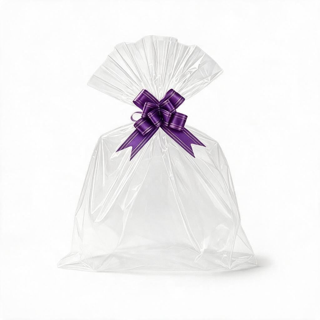 Giftplug clear cellophane gift bag featuring a sophisticated deep purple decorative bow for elegant gift wrapping.