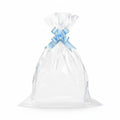 Giftplug transparent cellophane gift bag featuring a shimmering blue decorative bow for elegant gift presentation.