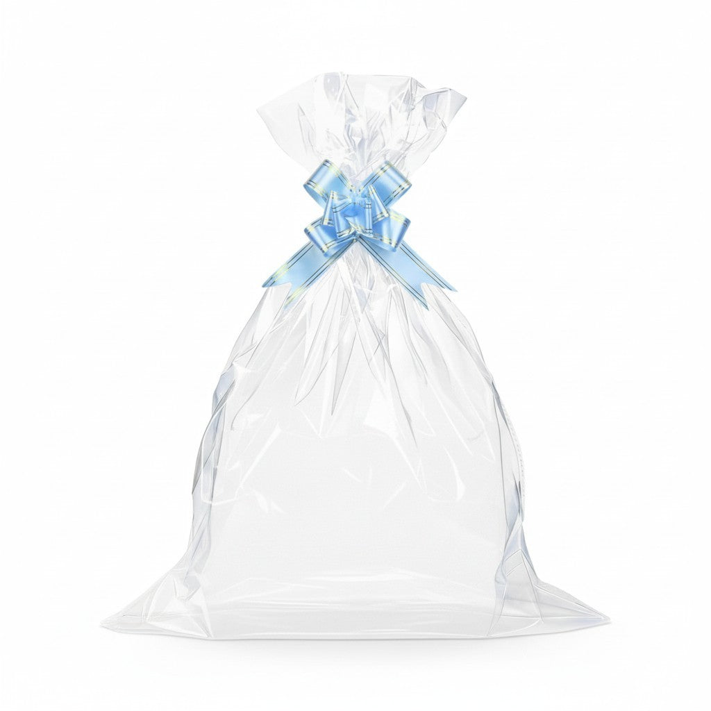 Giftplug transparent cellophane gift bag featuring a shimmering blue decorative bow for elegant gift presentation.