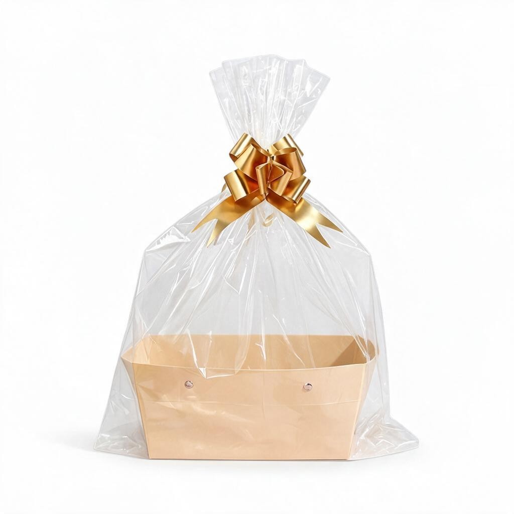 Giftplug decorative gift basket with a natural paper base, clear cellophane wrapping, and a metallic gold bow.