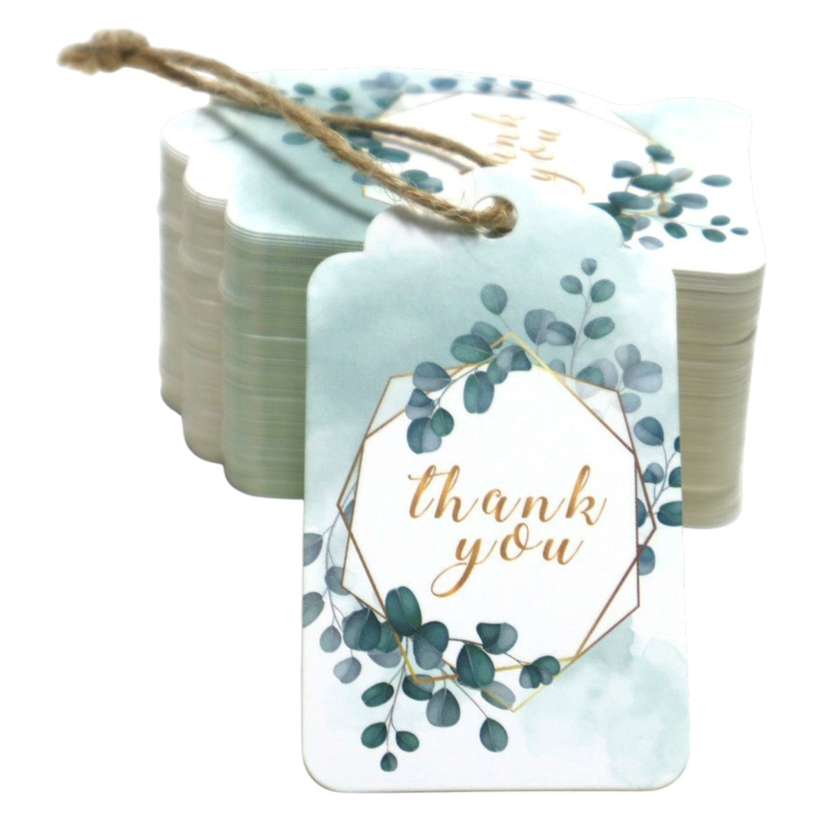 Giftplug decorative thank you tags with watercolor eucalyptus, gold geometric frame, and scalloped edges on cardstock.