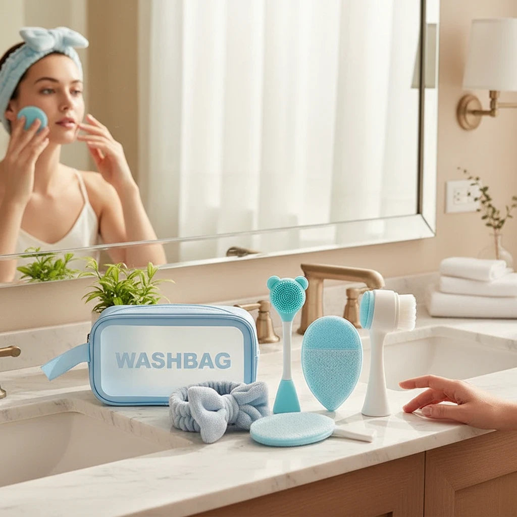 Giftplug 6-piece blue facial skincare set with cleansing brushes, silicone scrubbers, and headband in a washbag.