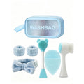Giftplug 6-piece blue facial skincare set with plush bow headband, wristbands, cleansing brushes, and travel washbag.