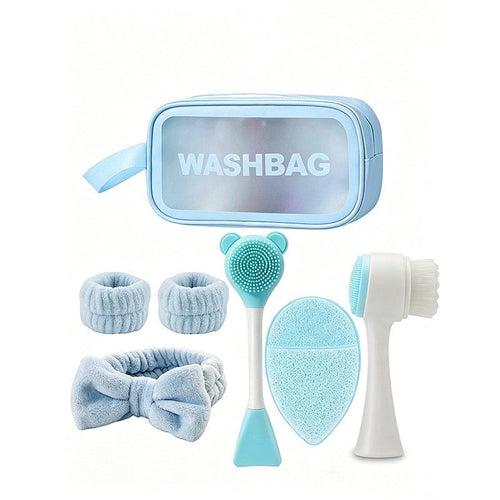 Giftplug 6-piece blue facial skincare set with plush bow headband, wristbands, cleansing brushes, and travel washbag.