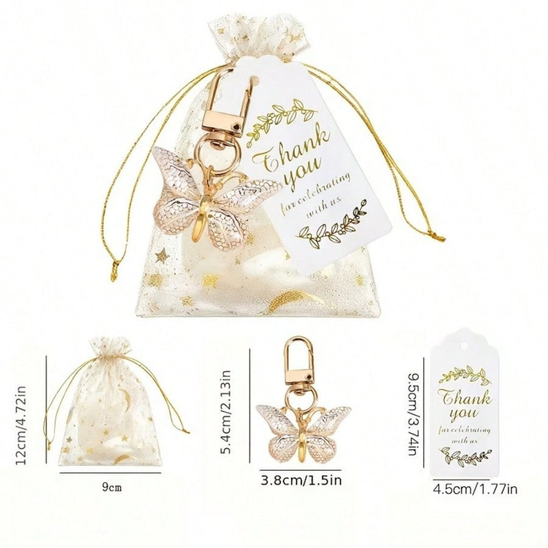 Giftplug gold butterfly keychain party favor set with sheer organza pouch and thank you tag for wedding gifts