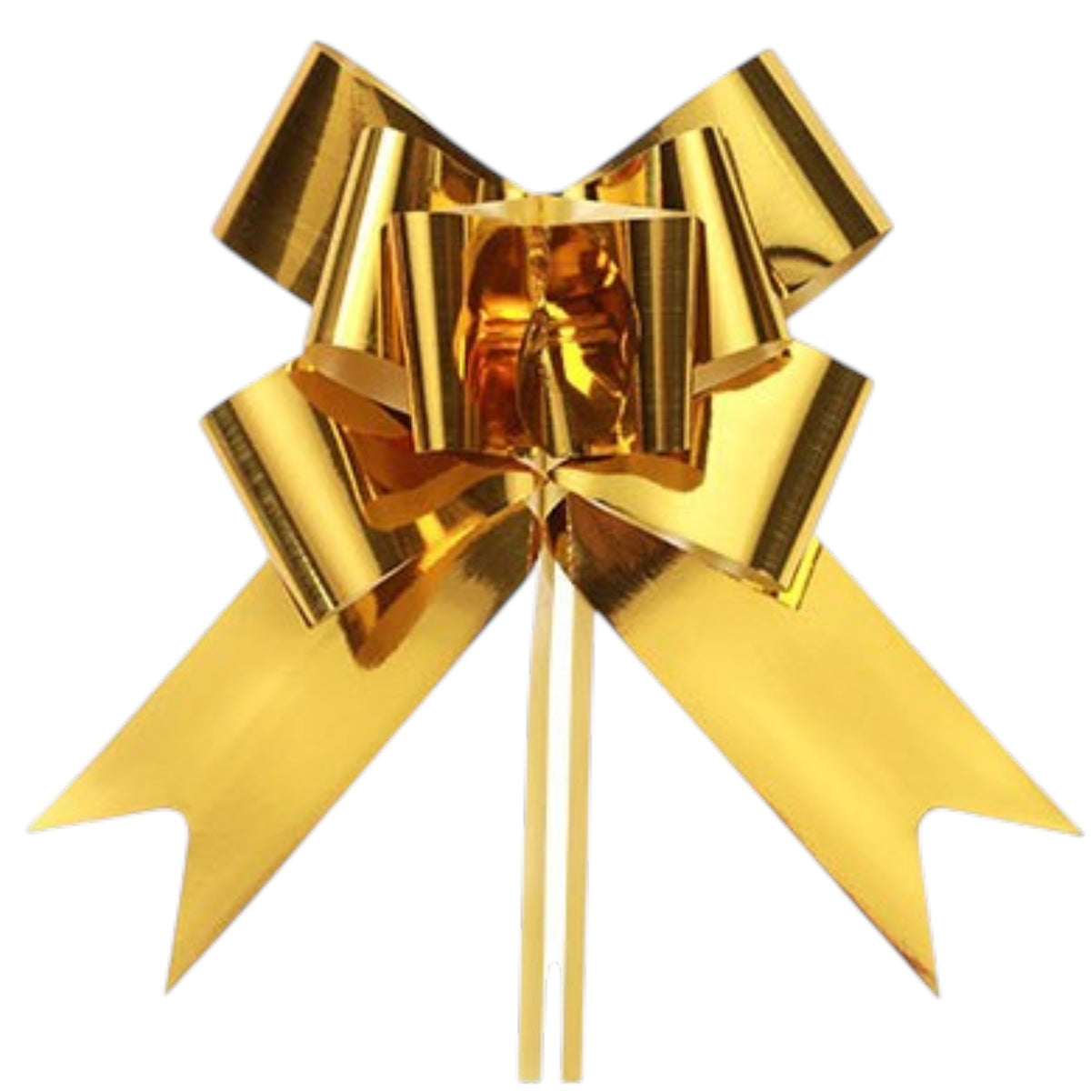 Giftplug gold metallic gift bow cake topper with a reflective finish and convenient pick base for party desserts.