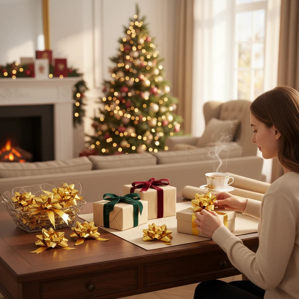 Giftplug gold metallic bow cake toppers displayed on a wooden table with wrapped gifts in a festive holiday setting.
