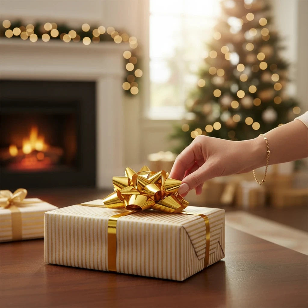 Giftplug gold metallic gift bow topper on a striped gift box with a festive fireplace and Christmas tree background