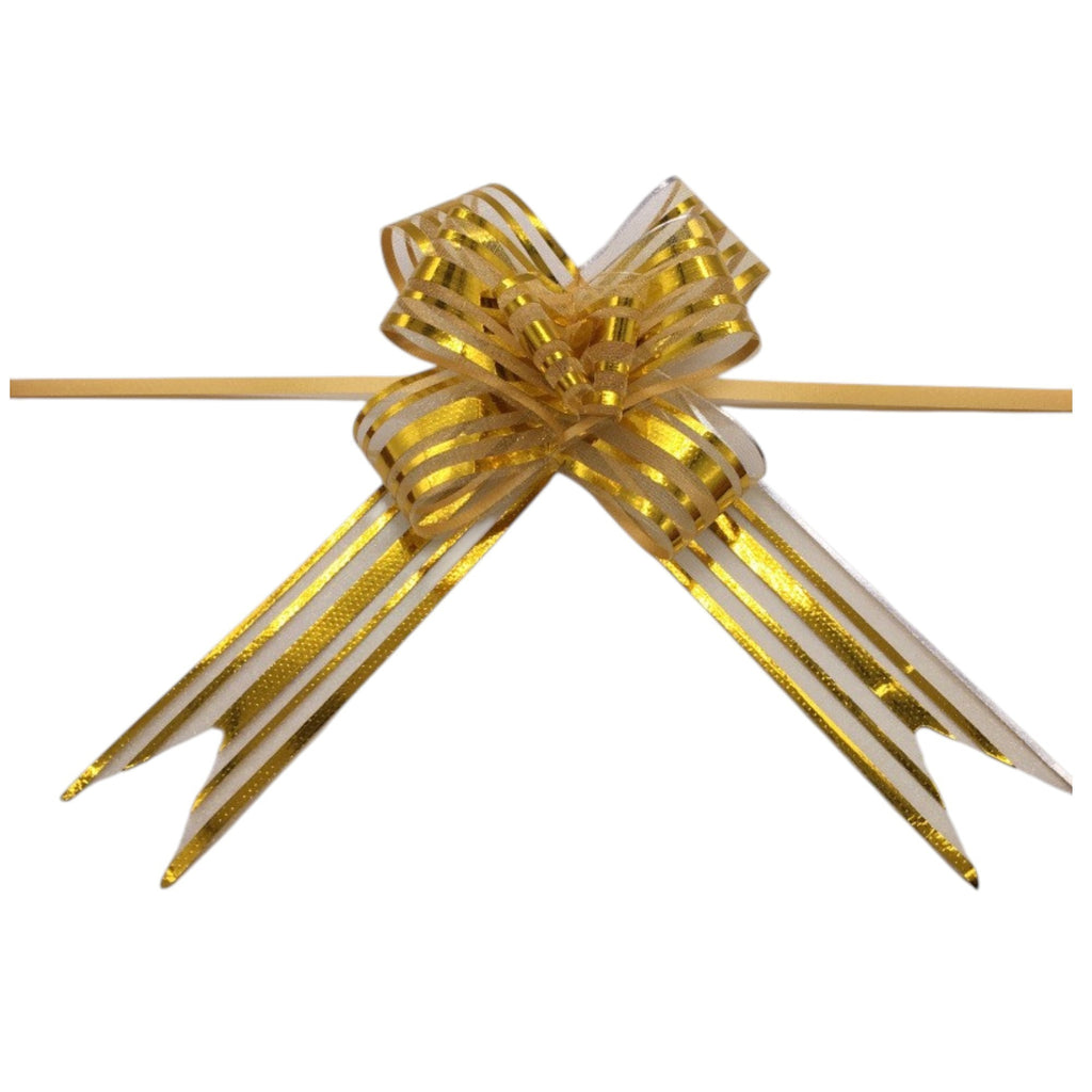 Giftplug gold metallic pull bow with shimmering striped ribbon for elegant gift wrapping and party decorations