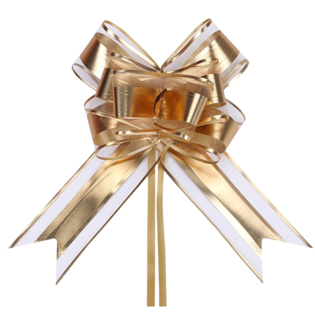 Giftplug decorative gift wrapping bow in metallic gold and white with a sophisticated, pre-tied ribbon design.