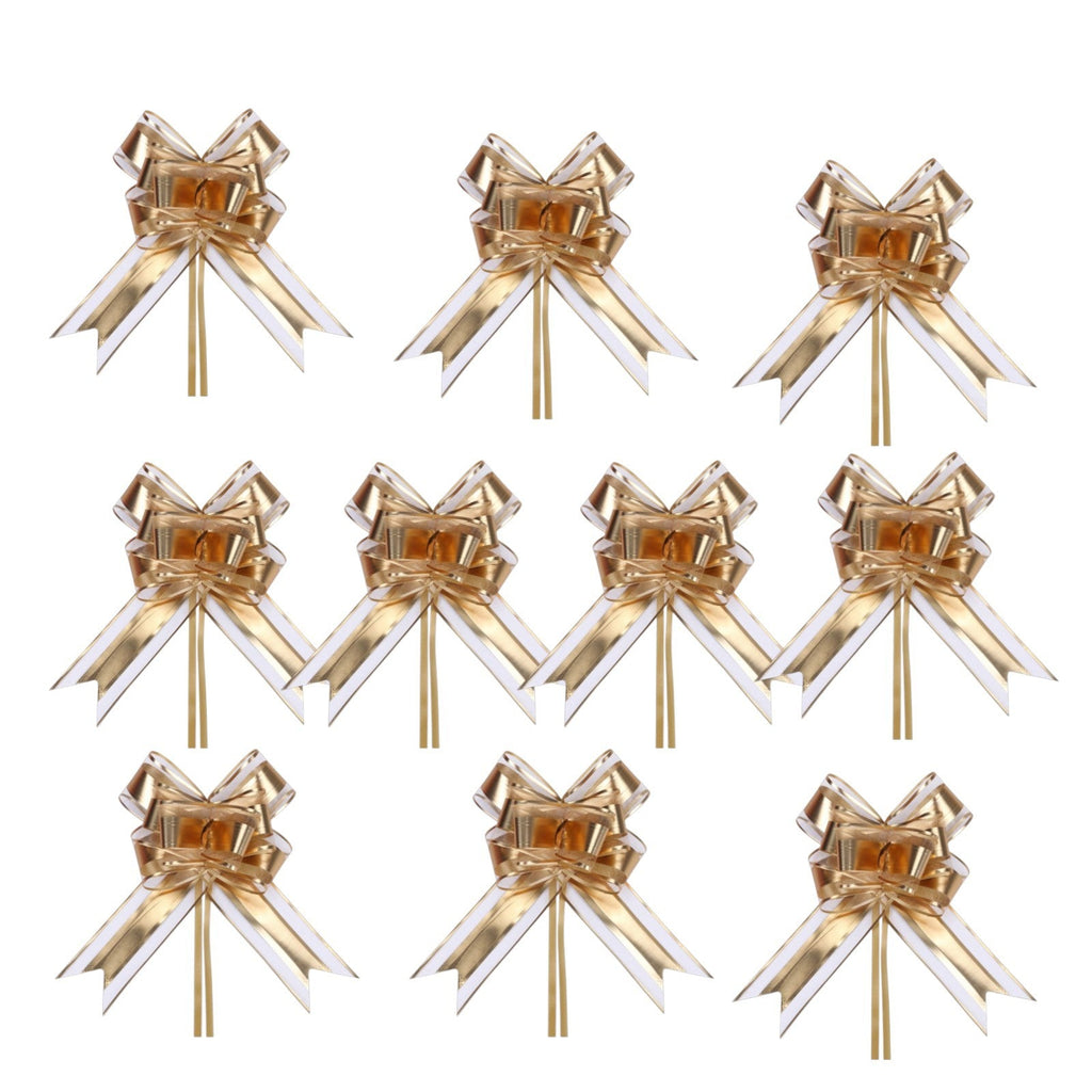 Giftplug set of eleven decorative gold and white ribbon bows with metallic finish and integrated attachment ties