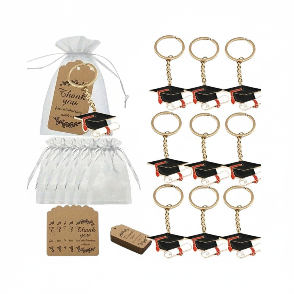 Giftplug graduation cap and diploma keychains with white organza bags and thank you tags for party favors