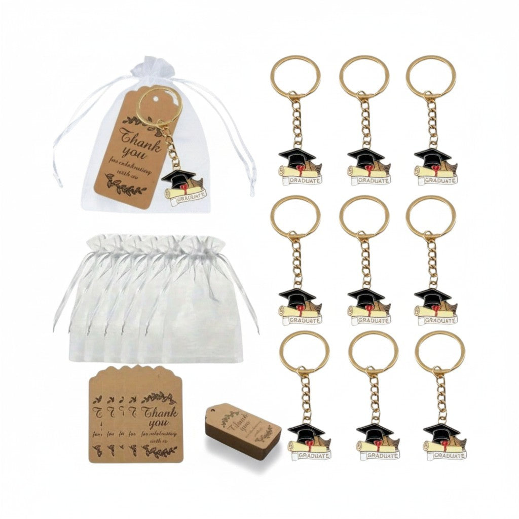 Giftplug graduation party favor set with gold-tone cap and diploma keychains, organza bags, and thank you tags.