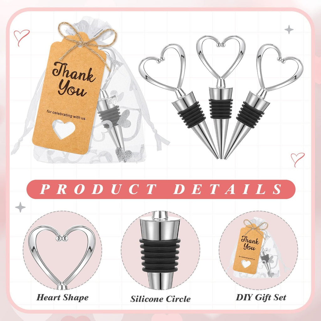 Giftplug heart-shaped silver wine bottle stoppers with organza bags, kraft thank you tags, and jute twine for favors.