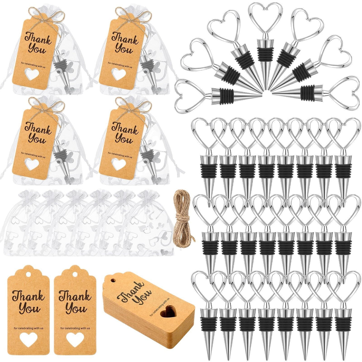 Giftplug heart shaped wine bottle stopper party favor set with organza bags, kraft thank you tags, and jute twine.