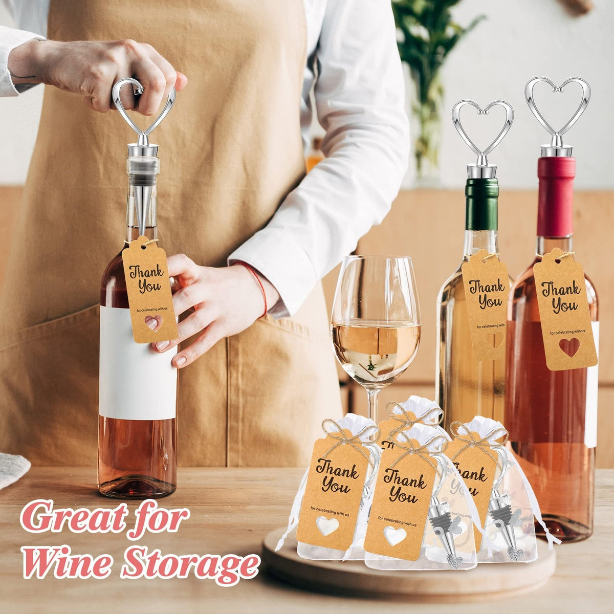 Giftplug heart shaped silver wine bottle stoppers with kraft thank you tags and organza bags for wedding party favors