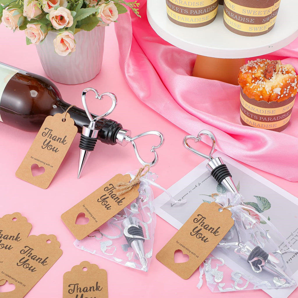Giftplug heart-shaped silver wine stoppers with kraft thank you tags and organza bags for wedding party favors