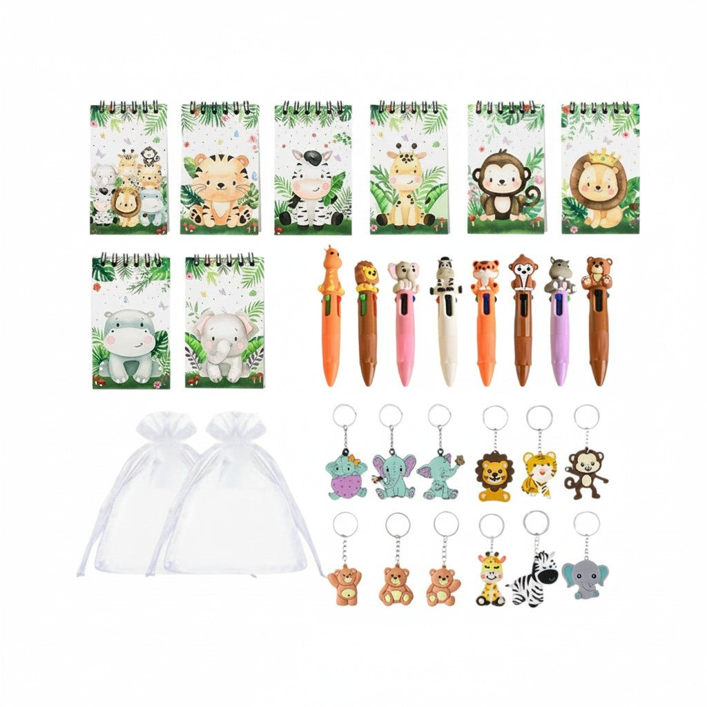 Giftplug jungle animal stationery set featuring notebooks, multi-color pens, and keychains with organza gift bags.