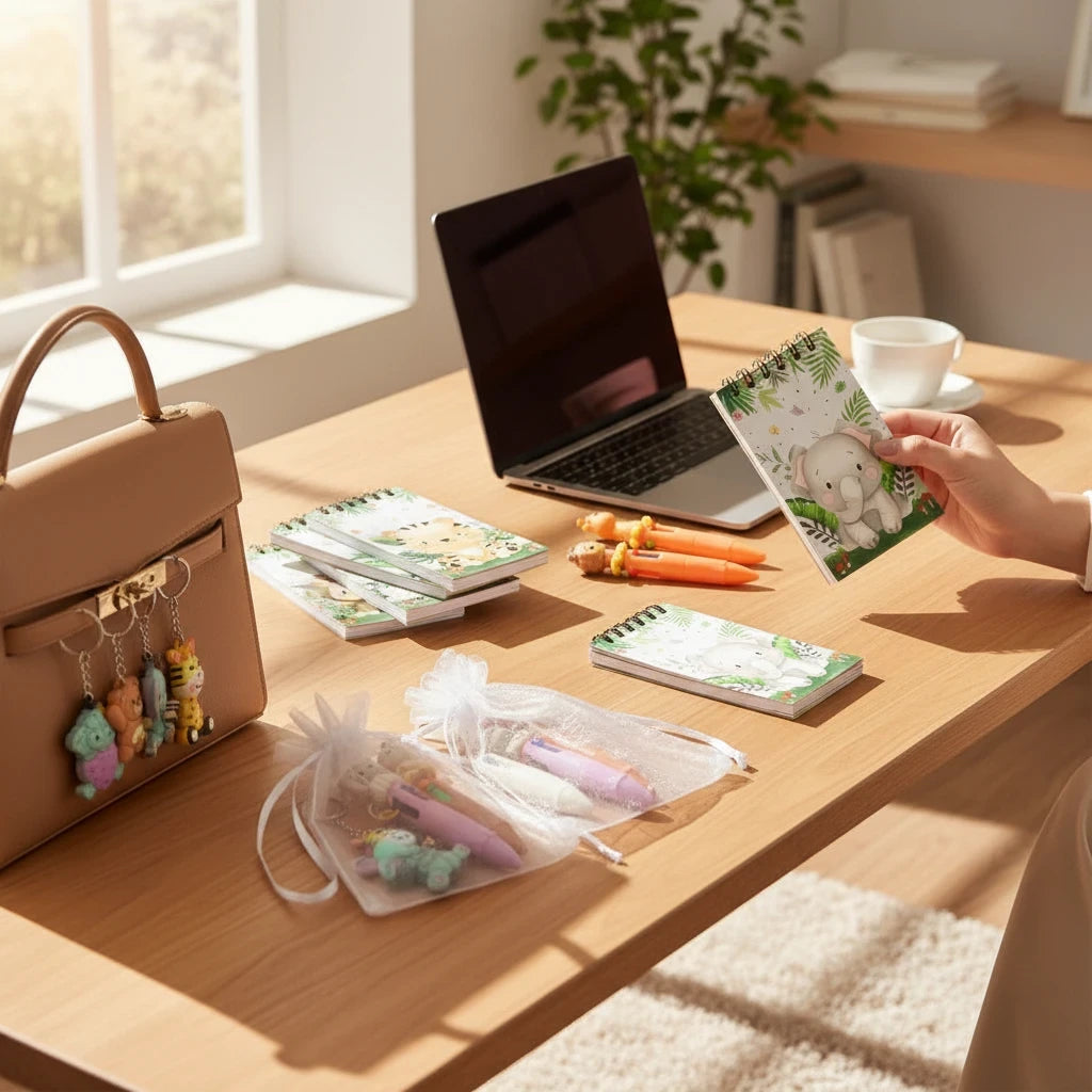 Giftplug jungle animal stationery set with elephant notebooks, animal pens, and organza bags on a wooden desk.