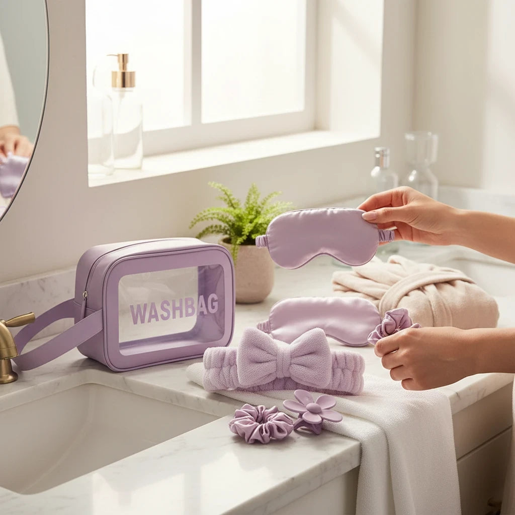 Giftplug lavender self-care set with clear wash bag, bow headband, satin sleep masks, scrunchies, and flower hair clip.