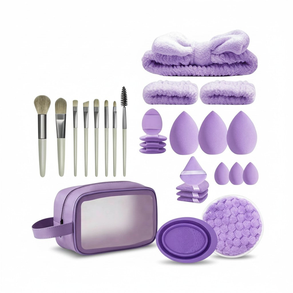 Giftplug 20-piece lavender makeup brush and beauty accessory set with sponges, headband, and travel storage bag.