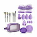 Giftplug 20-piece lavender makeup brush and beauty accessory set with sponges, headband, and travel storage bag.