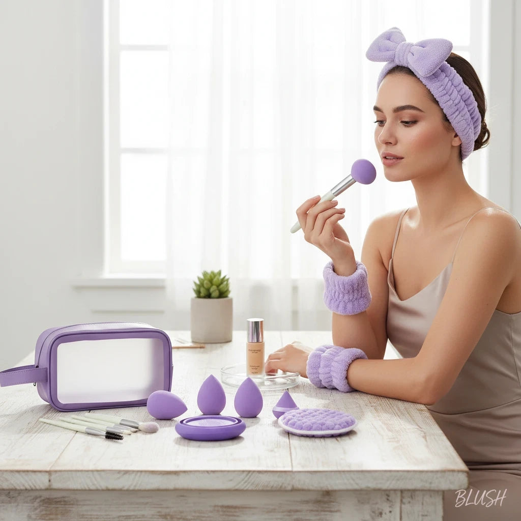 Giftplug lavender makeup brush and beauty sponge set with a model wearing a plush headband and wristbands
