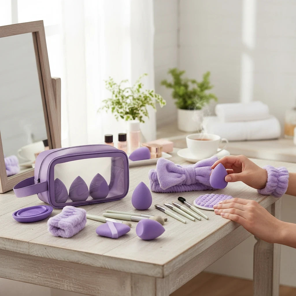 Giftplug 20-piece lavender makeup brush and beauty sponge set with headband and travel bag on a vanity table