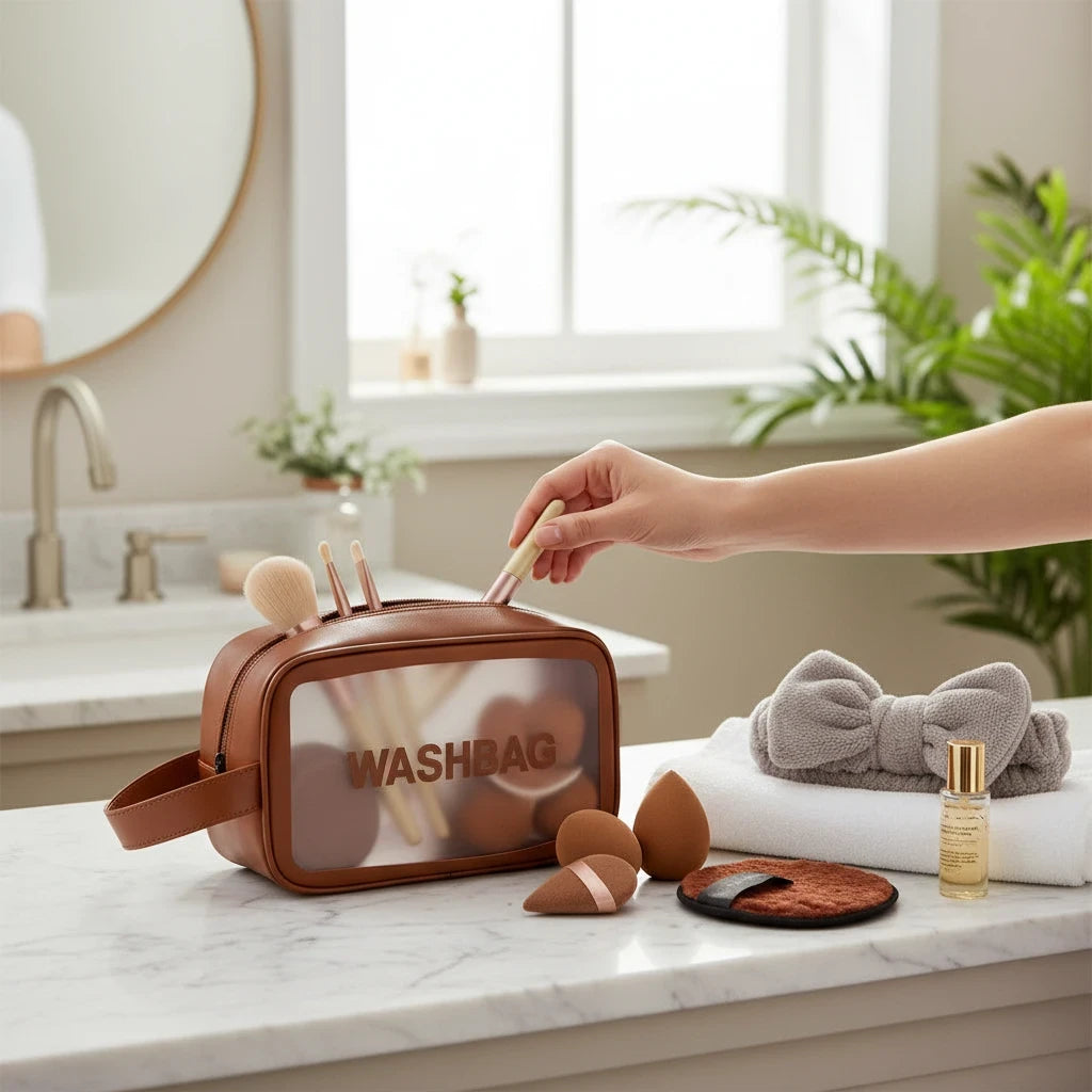 Giftplug 20-piece makeup brush and sponge set in a brown transparent washbag with a soft headband on a bathroom vanity