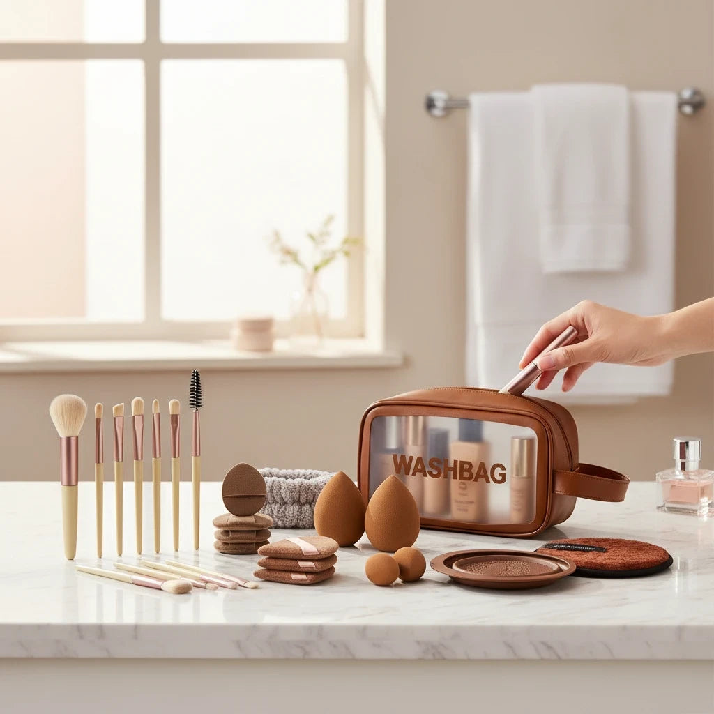 Giftplug 20-piece makeup brush and beauty sponge set with a brown transparent washbag on a marble bathroom counter.