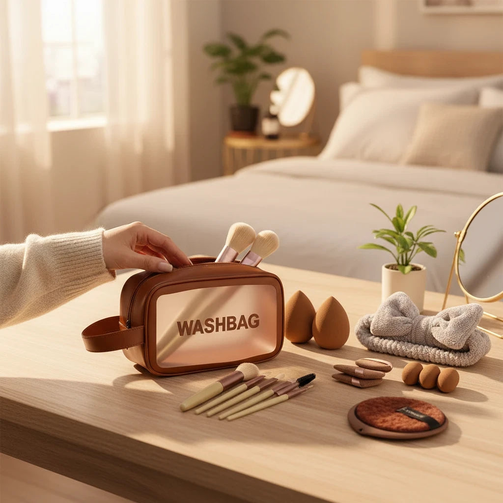 Giftplug 20-piece makeup brush and beauty sponge set with a transparent washbag, headband, and wrist cuffs on a desk.