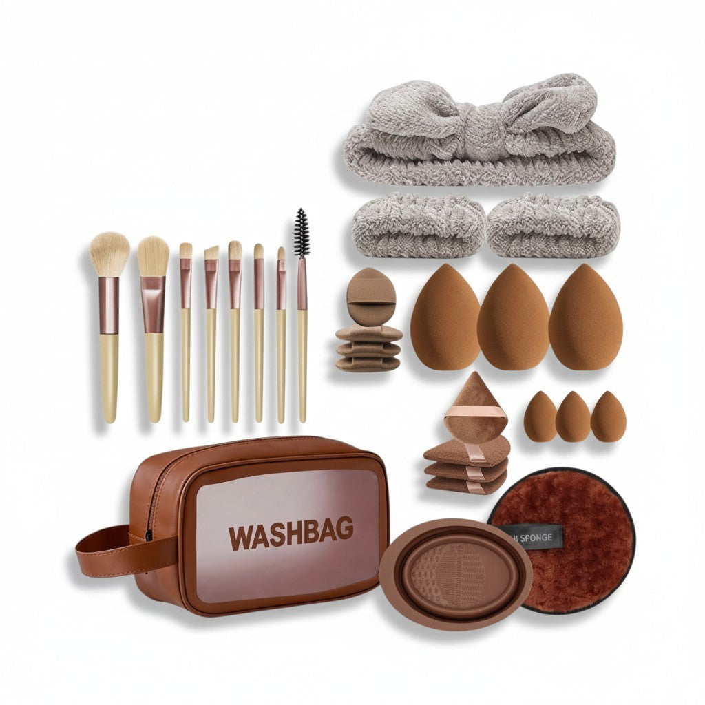 Giftplug 20-piece makeup brush and beauty sponge set with microfiber headband, wrist cuffs, and transparent washbag.