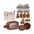 Giftplug 20-piece makeup brush and beauty sponge set with microfiber headband, wrist cuffs, and transparent washbag.